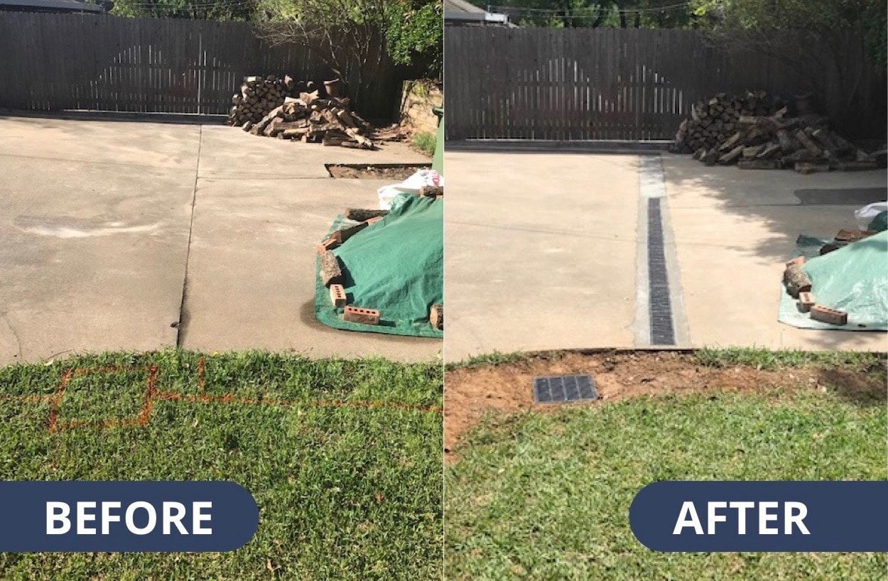 Before and after of a driveway install with new trench drain and improved concrete surface.